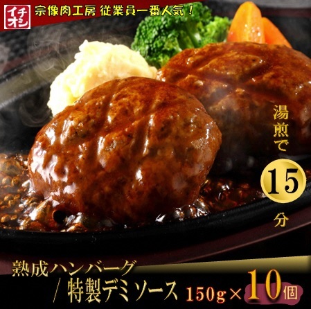 HA0990_【湯煎で簡単調理】熟成ハンバーグ／特製デミソース　10個【宗像肉工房】