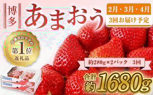 HB0075_【定期便／3ヶ月連続お届け】アフター保証 博多あまおう 約280g×2パック 計3回 総量1.68kg 3カ月定期便【JAほたるの里】
