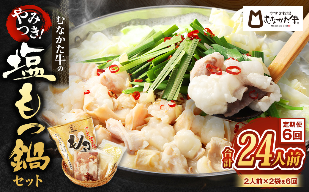 HB0142_【定期便/6回/偶数月お届け】【道の駅むなかた】 お米で育った「むなかた牛」塩もつ鍋 定期便