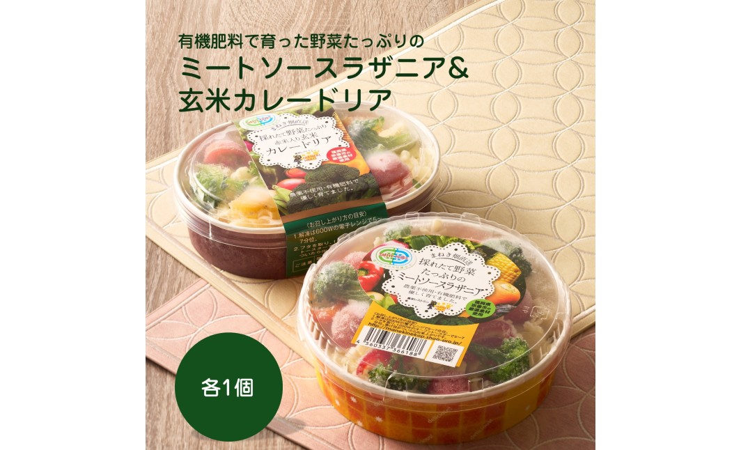 HA2083_有機肥料で育った野菜たっぷりのミートソースラザニア&玄米カレードリア各1個【アグリCATS】