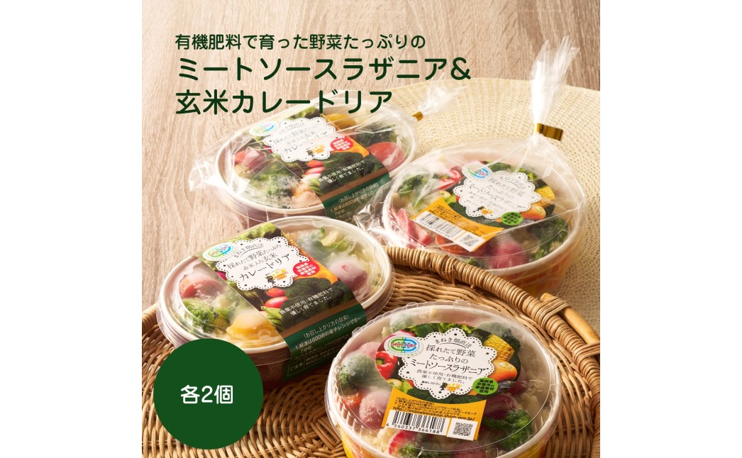 HA2084_有機肥料で育った野菜たっぷりのミートソースラザニア&玄米カレードリア各2個【アグリCATS】