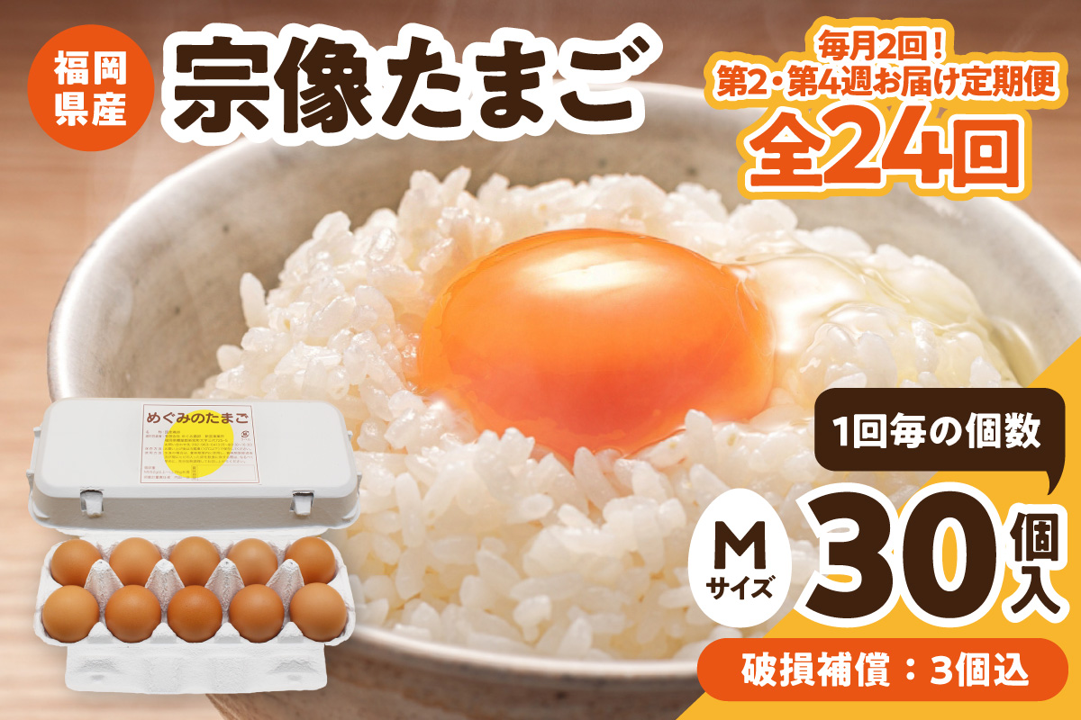HB0217_【毎月2回！第2・第4週お届け定期便】新鮮 赤卵「宗像たまご」Mサイズ 30個×12ヶ月定期便 (27個＋補償3個)【JAほたるの里】