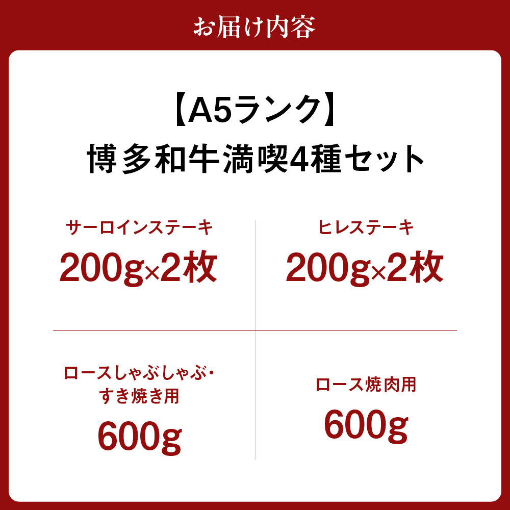 HA0196_【A5ランク】博多和牛満喫4種セット(ヒレステーキ/サーロインステーキ/しゃぶしゃぶ・すき焼き/焼肉) 総重量2.0kg【伊豆丸商店】