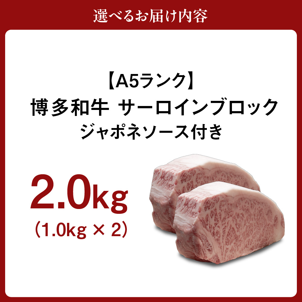 HA0206_【A5ランク】博多和牛サーロインブロック2.0kg(1.0kg×2)（ｼﾞｬﾎﾟﾈｿｰｽ付）【伊豆丸商店】