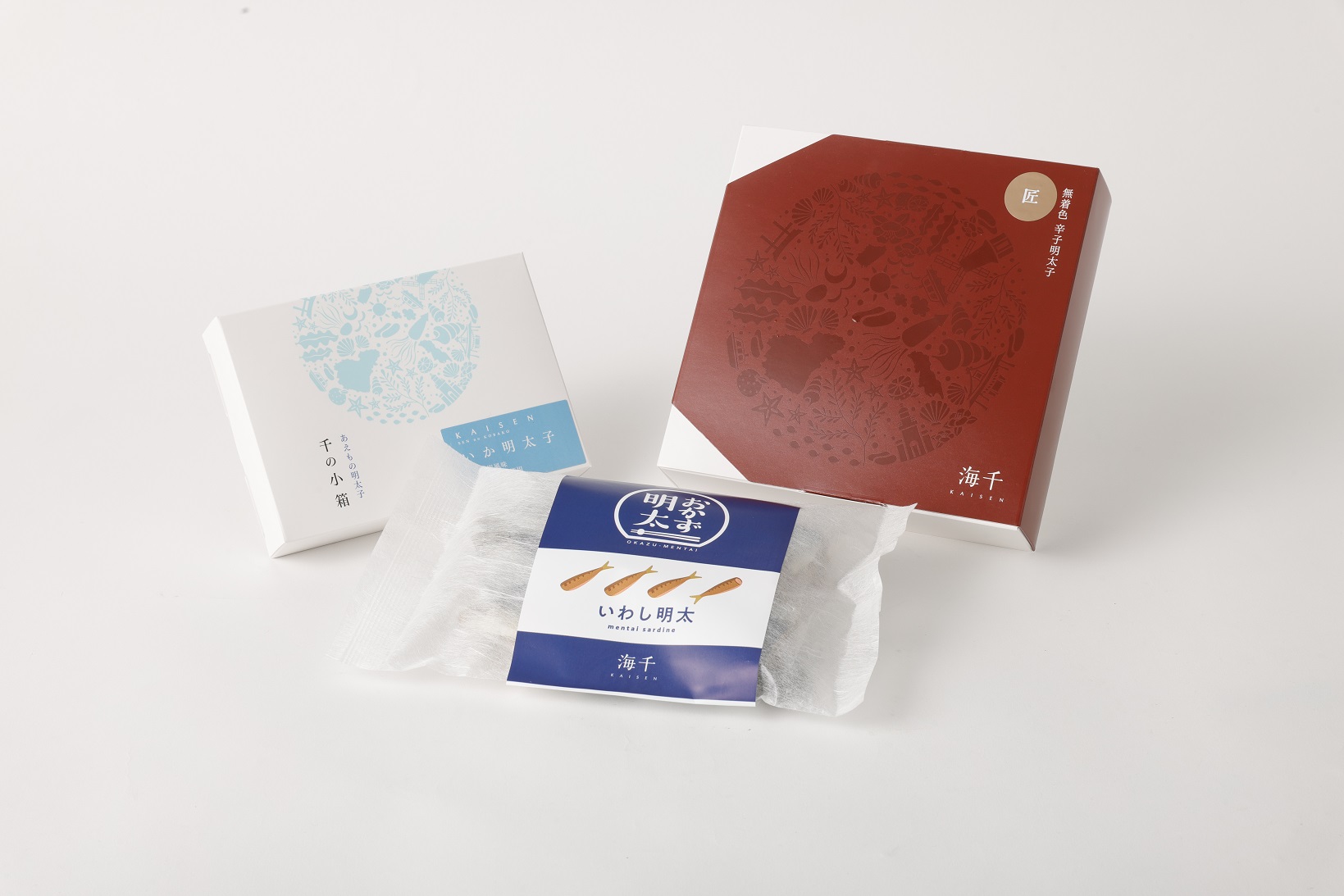 HA0345_うまかもんセット(樽入り無着色辛子明太子「匠」・いか明太子・いわし明太子)【海千】