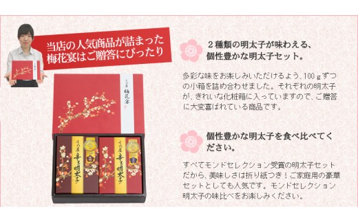 HA0019_【一週間以内に発送】辛子明太子詰合せ2種×100g【梅花宴二味セット】【うめ屋】