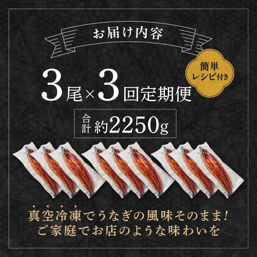 HB0224_【3回定期便】うなぎ蒲焼き750g以上(250g以上×3尾)【魚住商店】