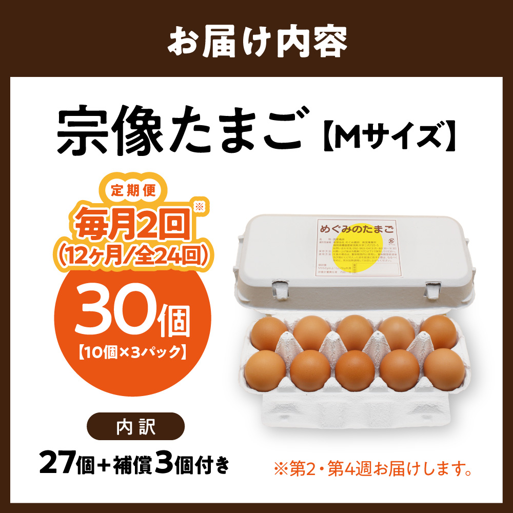 HB0217_【毎月2回!第2・第4週お届け定期便】新鮮 赤卵「宗像たまご」Mサイズ 30個×12ヶ月定期便 (27個+補償3個)【JAほたるの里】